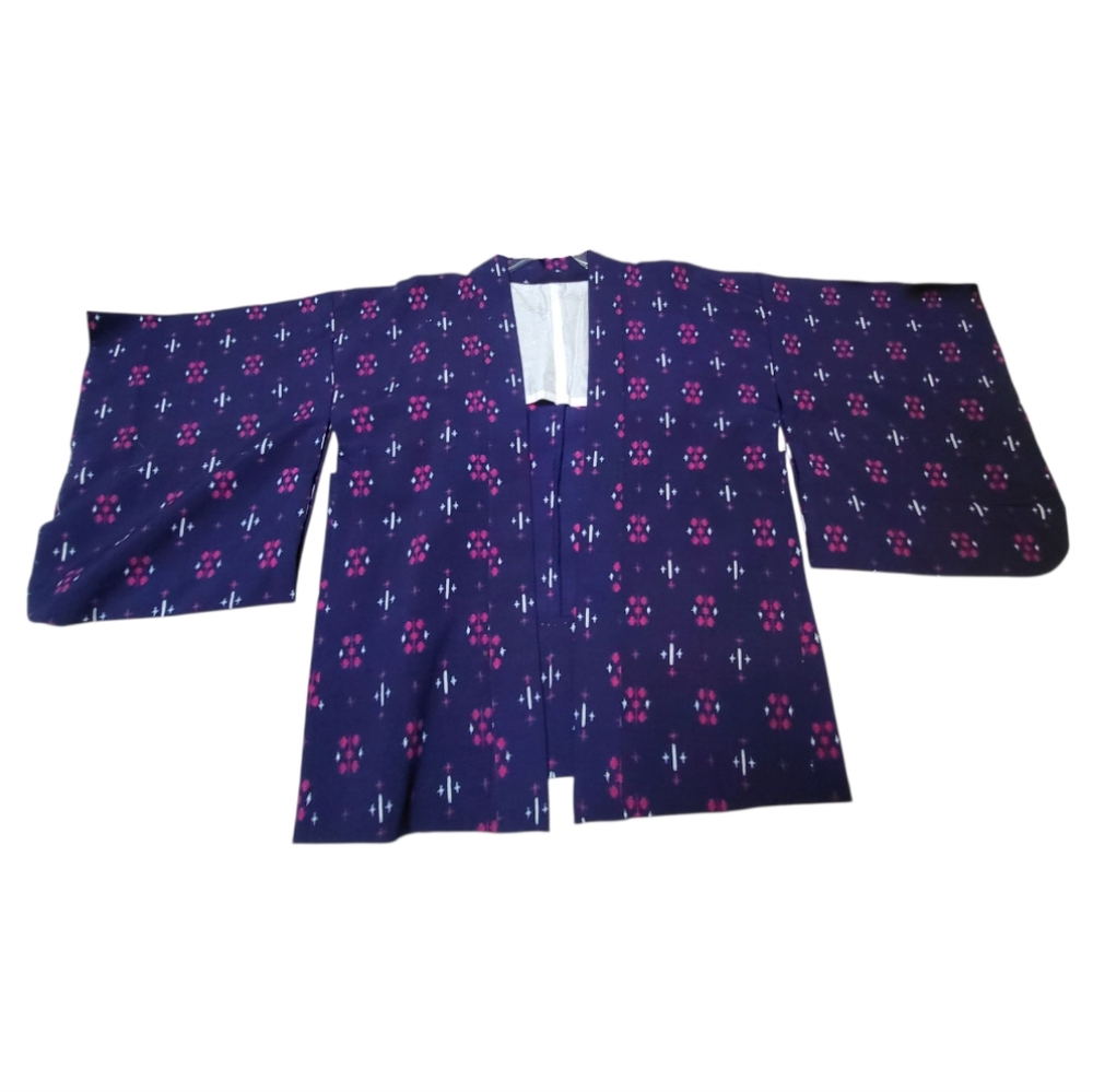 Vintage Japanese Navy Kimono Jacket (Haori) Pink White Kasuri Pattern - S/M